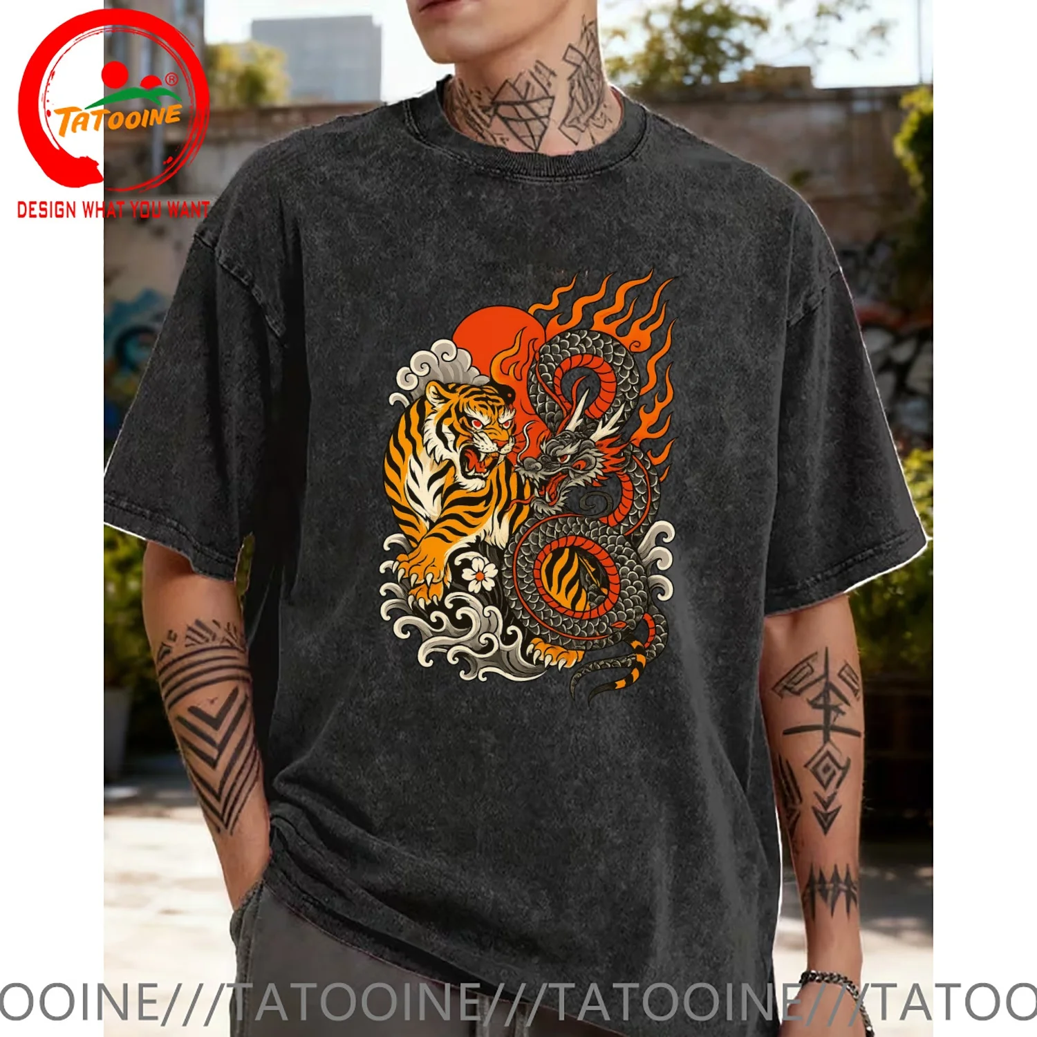 Funny Design Fiery Dragon VS Tiger Tattoo Design in Japanese Style  Shirt Men Fashion Trendy Casual Clothing Stylish Tops Tee Sh