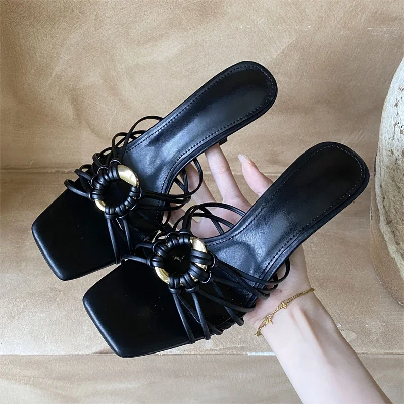 

Aneikeh Fashion Women White Square Toe Mule Heeled Sandals Hollow Out Knotted Strap Gold Ring Decor Elegant Summer Slides