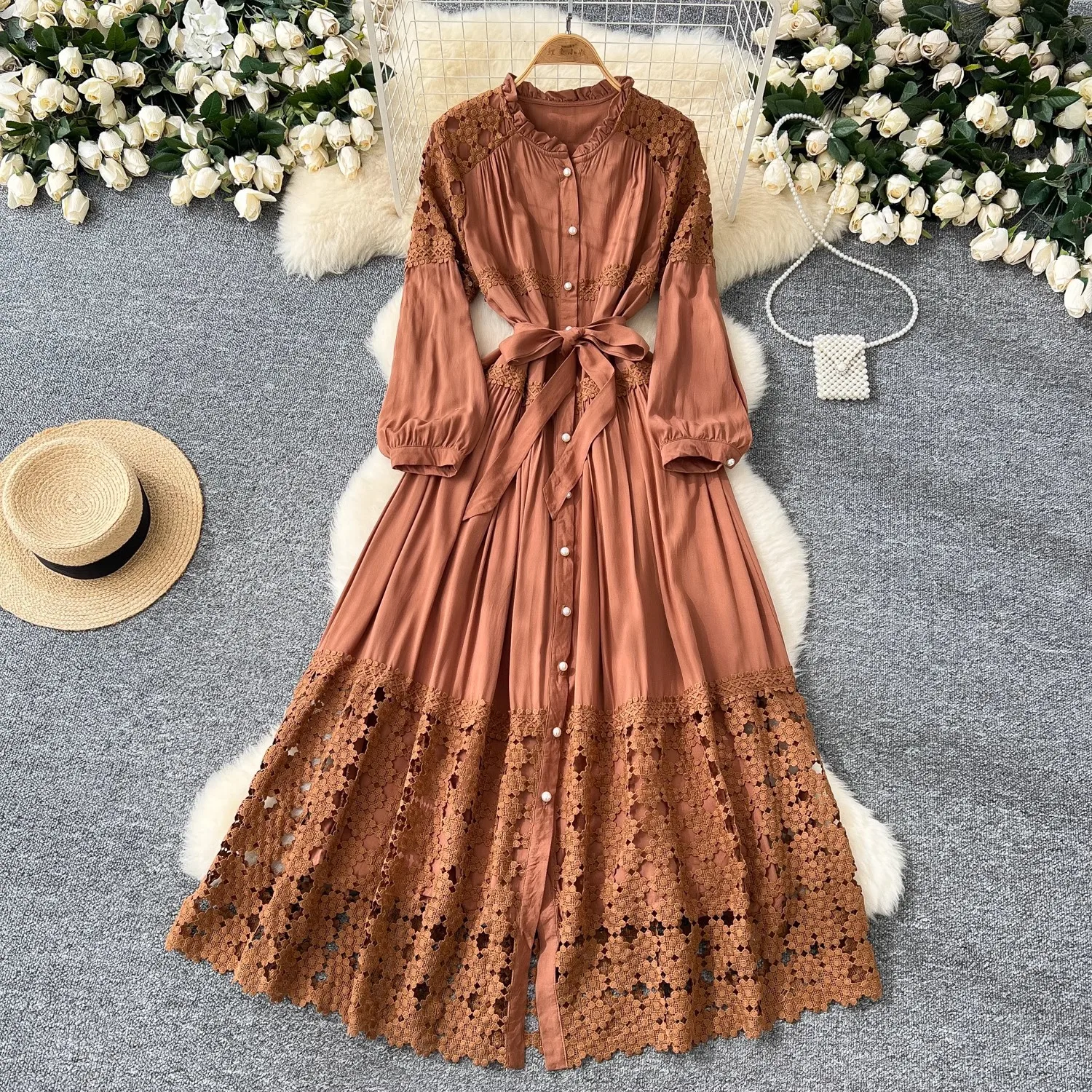 

2025 Holiday Boho Retro Hollow Hook Flower Embroidery Dress Lace Splicing Bow Tie Waist Button Long Dresses Casual Beach Dress