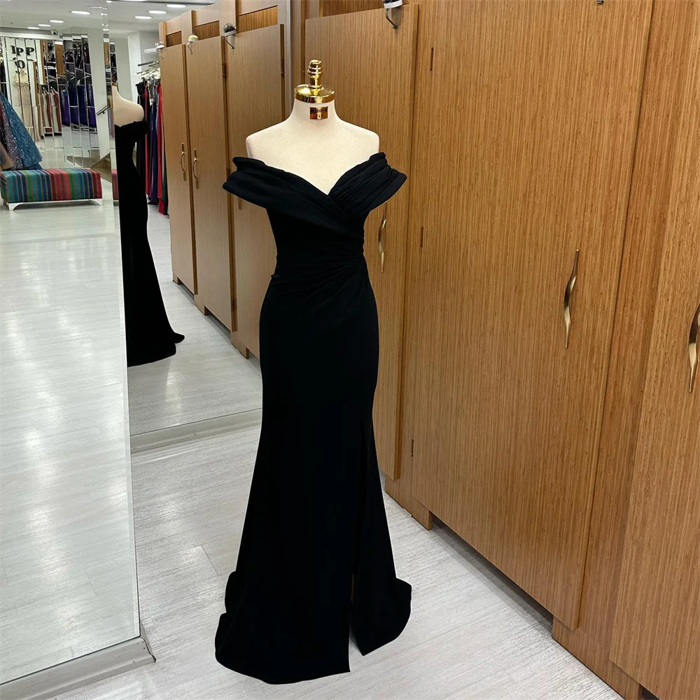 Lily Black V Neck Prom Dress Off the Shoulder Celebrity Dresses Mermaid Women\'s Evening Dresses Stain Pleat Formal Gown 프롬 드레스