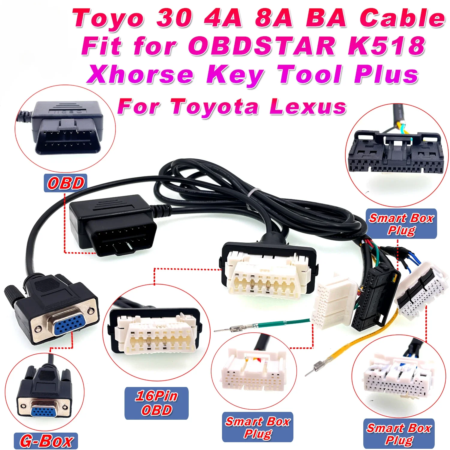 Toyo 30 Cable 4A 8A BA 3in1 Connector Smart Key 16pin OBD Cable for Autel OBDSTAR K518 Xhorse Key Tool Plus for All Toyota Lexus