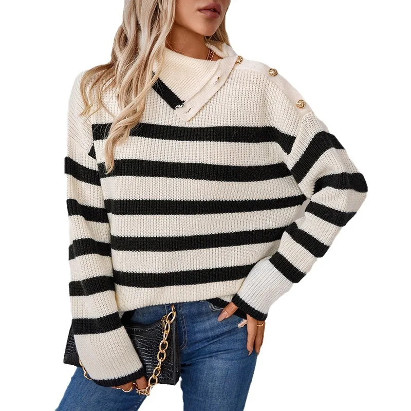 Striped collar pullover women's European and American women's knitted sweater autumn and winter new casual button sweater