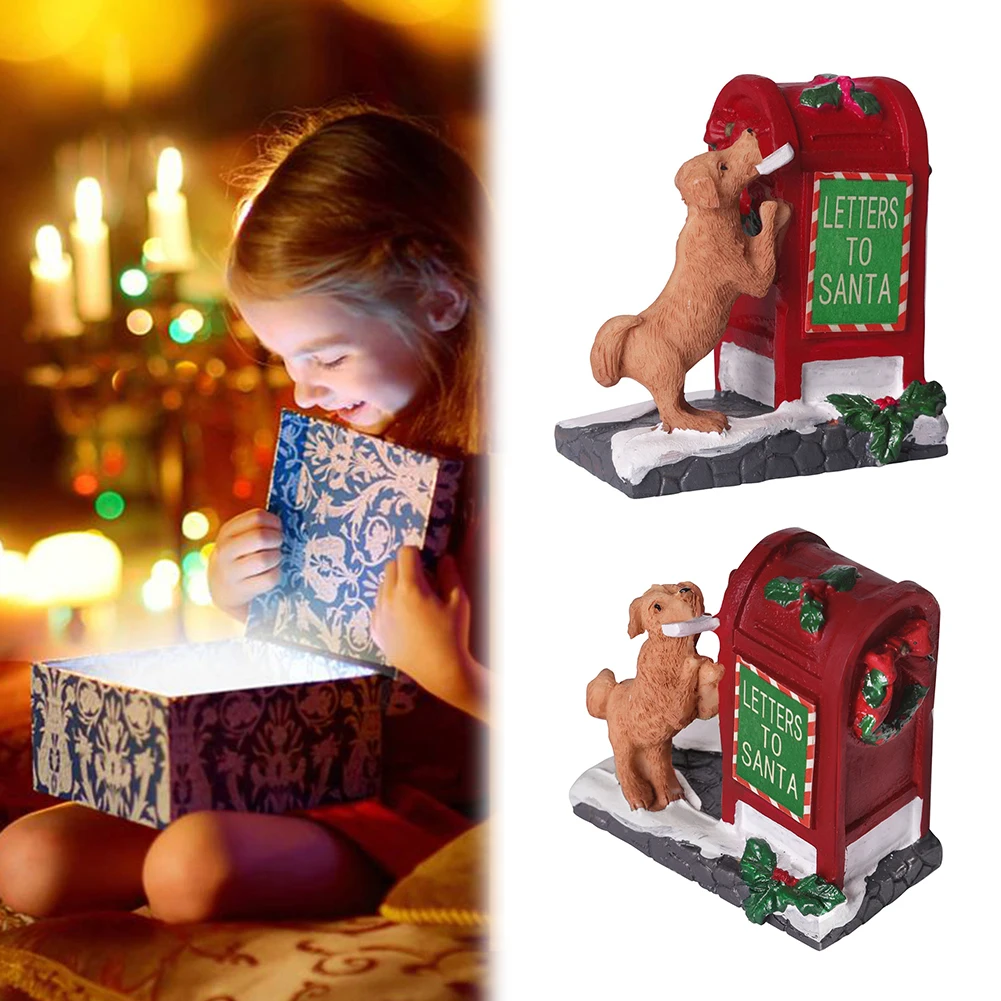 Santa Mailbox Villages Sets Santa Mailbox with Little Dog Sculpture Christmas Village Accessories for Christmas Decoration