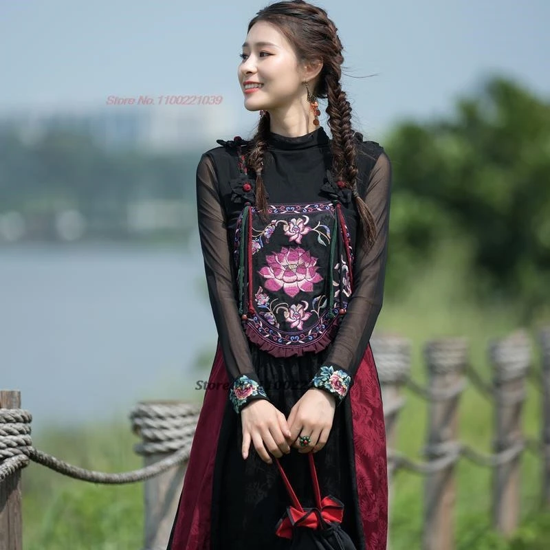 2025 chinese vintage hanfu satin jacquard dress improved flower embroidery sundress women vestidos elegant folk dance dress