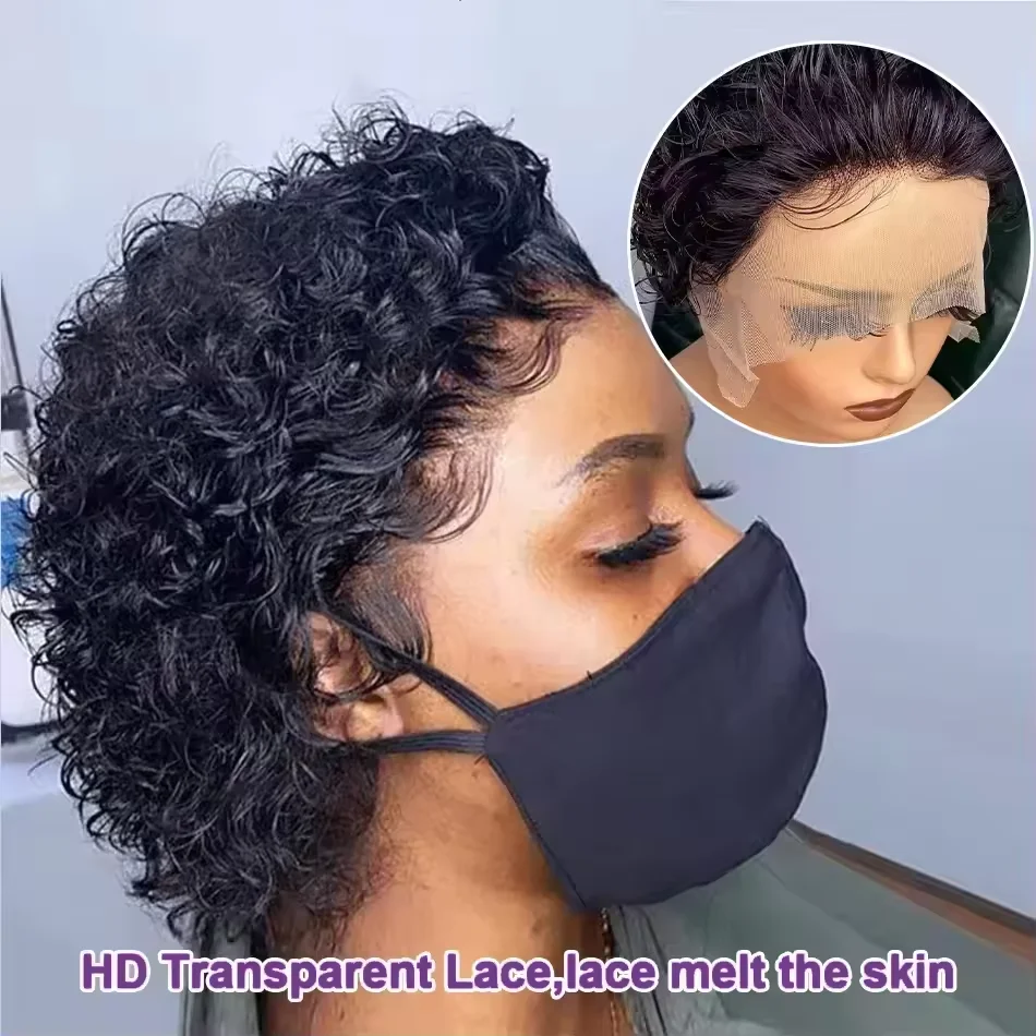 Pixie Cut Wig 13x1 Lace Frontal Wigs Curly Wave Short Bob Human Hair Wigs Natural Black Color Curly Lace Front Wig For Women