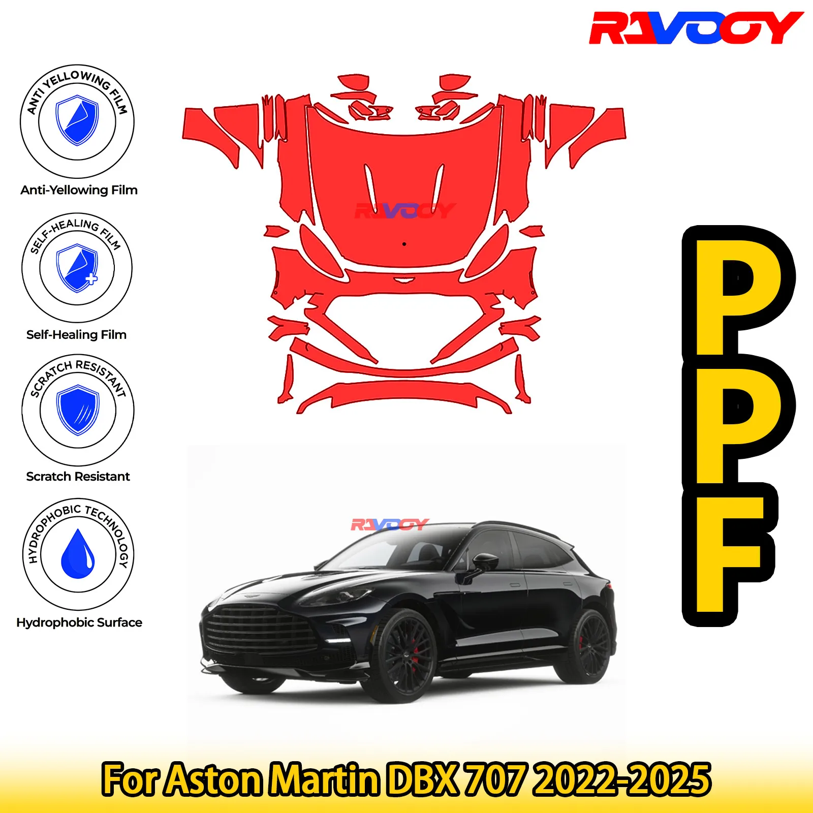 

Для Aston Martin DBX 707 2022-2025, глянцевая матовая черная предварительно вырезанная передняя защитная пленка PPF, комплект