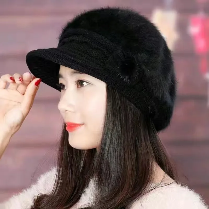 Winter Protection Warm Wool Knitting Hat rabbit fur Thick Soft Beanies Ladies Fashion Skullies Cap For Mother Painter Visors