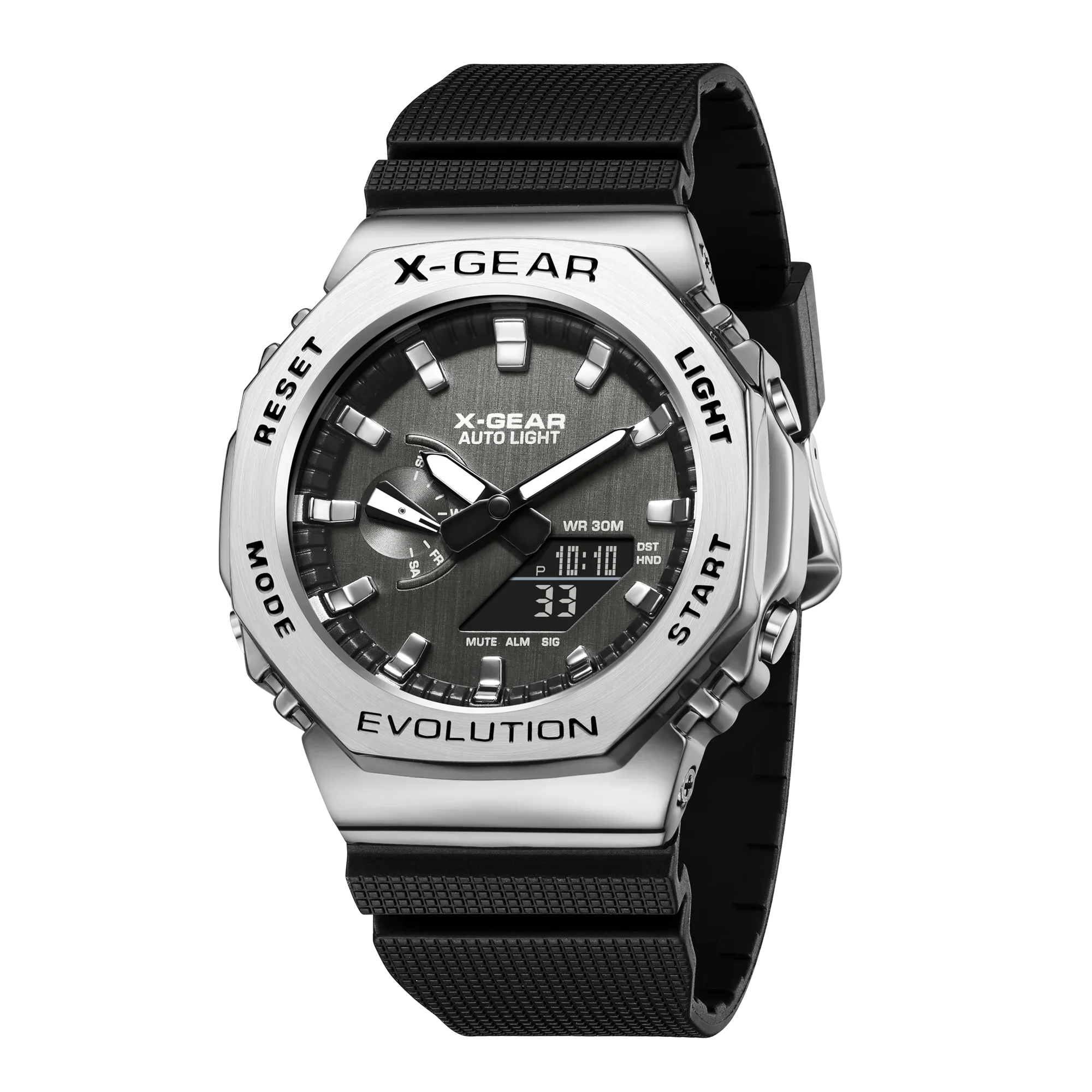 2100 Sport Digital Electronic Unisex Watch Alloy Dial LED Dual Display World Time Fully Functional Rubber Strap Oak Series