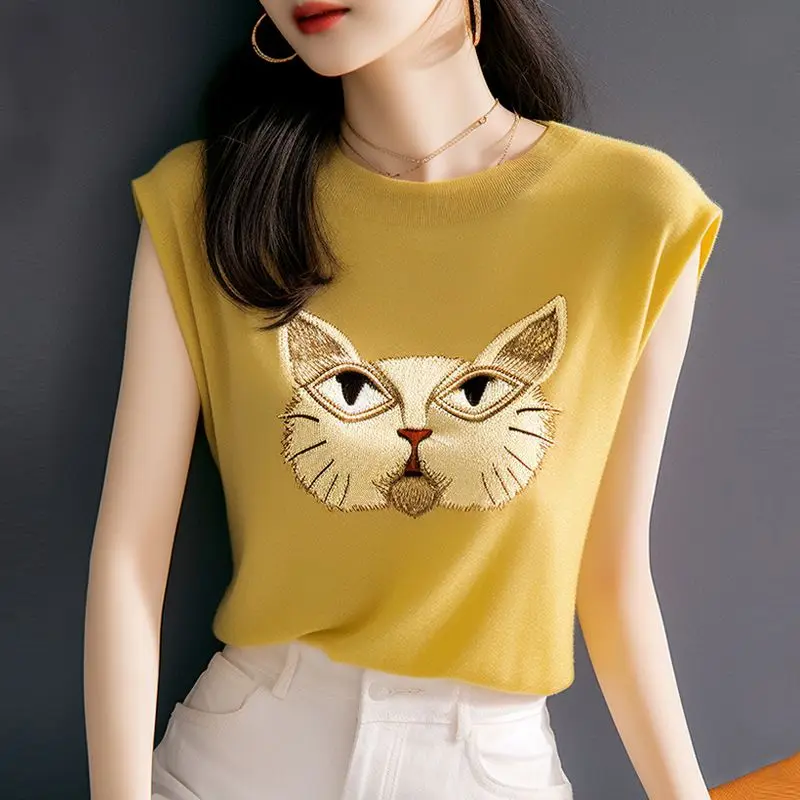 Small Flying Sleeve Knitted Sweater in Summer New Hot High-end Top Sleeveless Printed T-shirt for Women's Design Niche