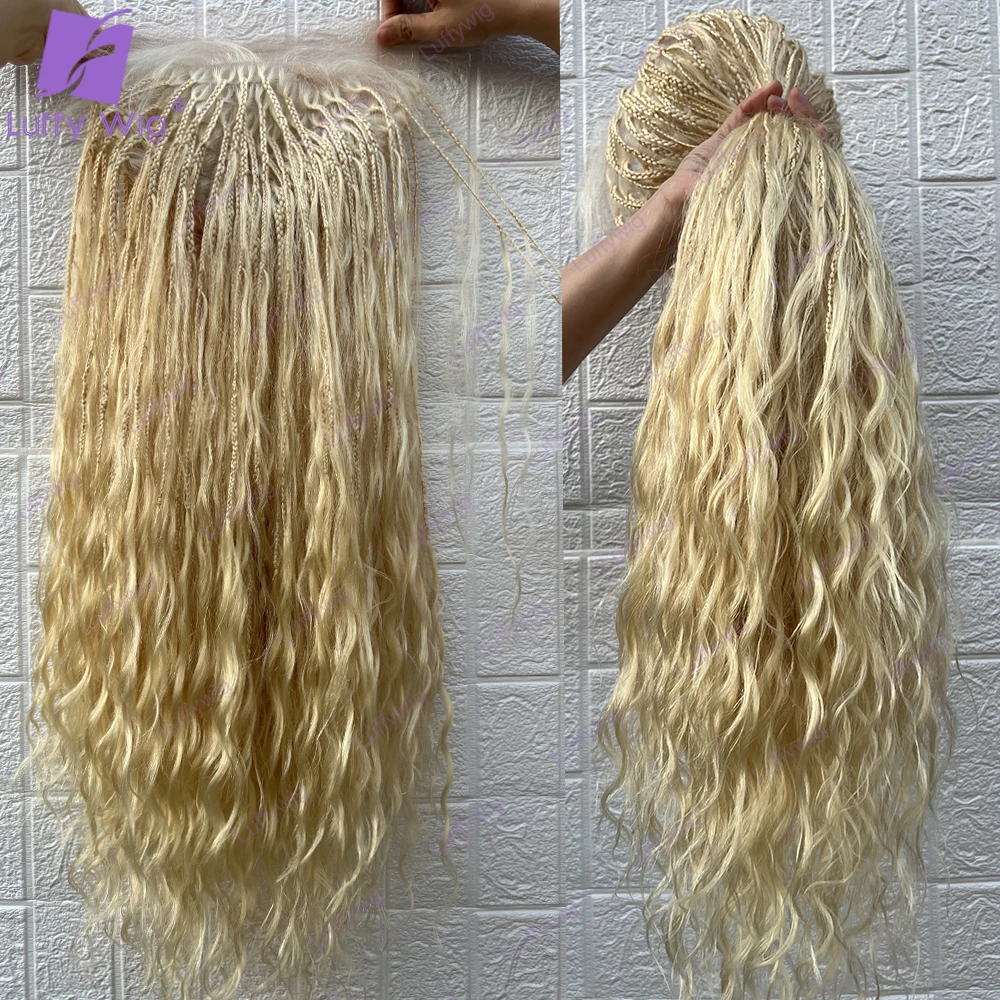 

Human Hair 613 Braided Wigs Knotless Box Braid Full Lace Wig Pre Plucked Baby Hair Boho Braided Wig Blonde Curly Ends For Women