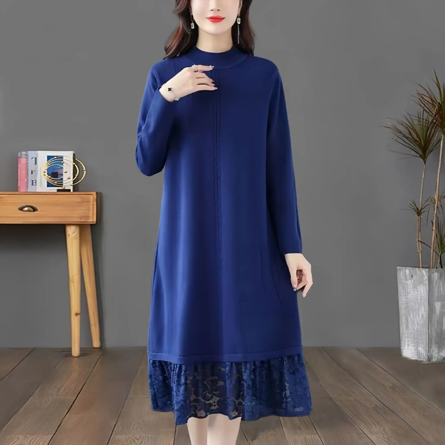 Large Size Long Fit Mom Sweater with Lace Base Hair Autumn and Winter Dress Bottom Knit Knee High Loose Fit