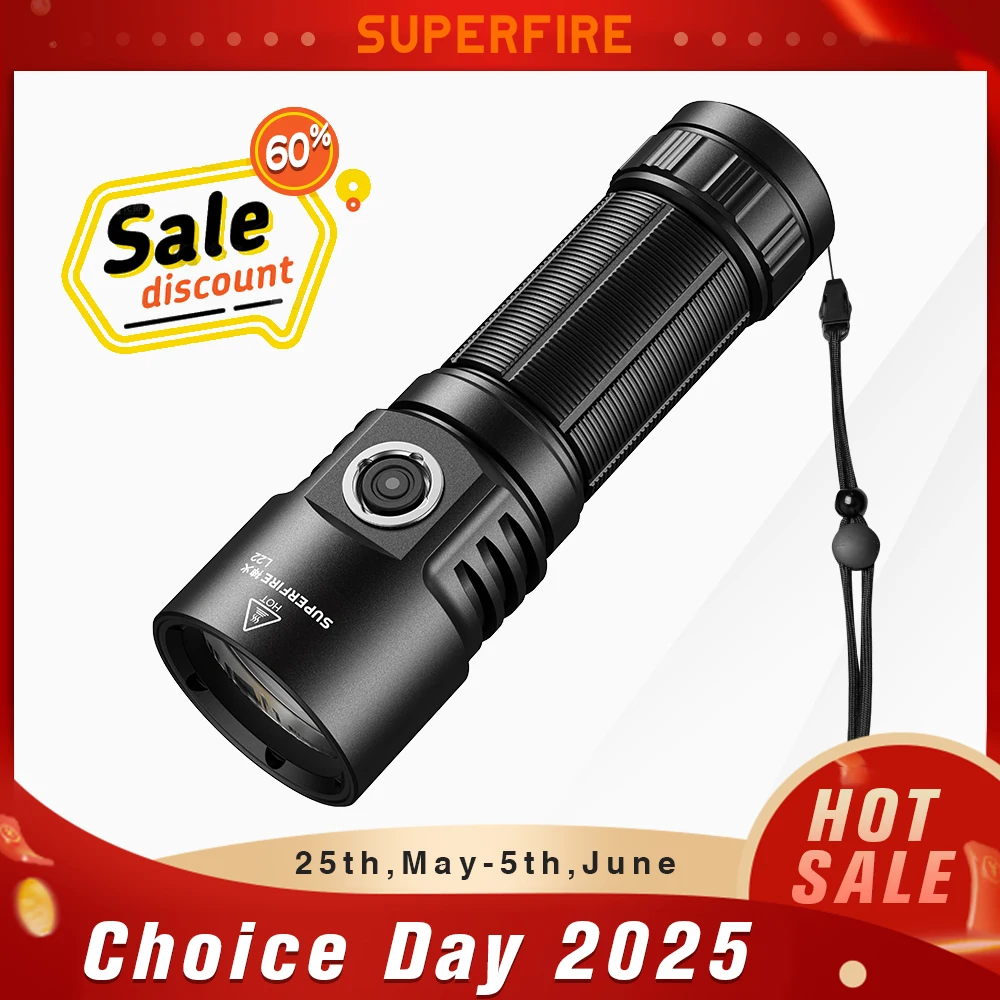 

NEW Super Bright 5000LM Led flashlight SUPERFIRE L22 60W High power Portable Torch Type-C Rechargeable With 3 lamp beads Lantern