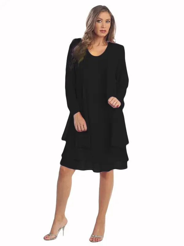 2-delige chiffon jurk set vrouwen casual lange mouw effen vest jurk elegante bruiloft avond feestjurken kleding vestidos - afbeelding 1