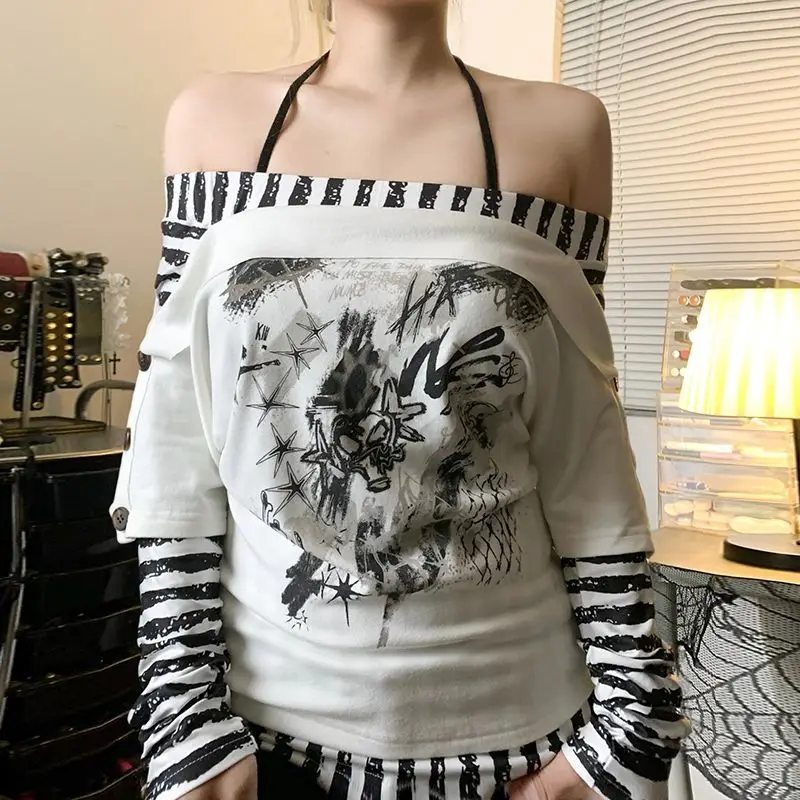 American Retro Y2k Streetwear Grunge Women Clothing Off Shoulder Striped Patchwork 2 In 1 Long Sleeve Graphic Printed Clothes