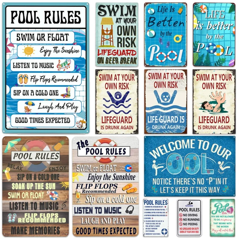 Pool Rules Sign for Outdoor, Backyard Metal Swimming Pool Sign, No Diving No Running No Peeing No Lifeguard on Duty Sign