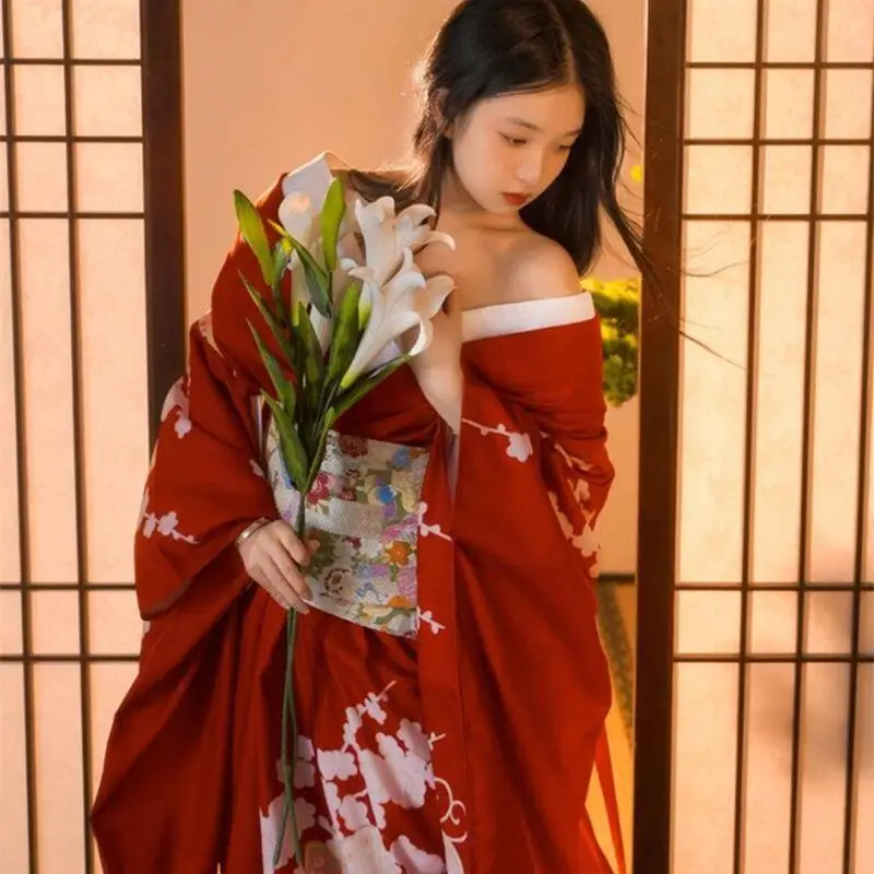 Kimono Improved Female Japanese Chinese Style Dress Traditional Yukata Women Photo Bathrobe Japan Girl Red Cherry Blossoms Dress