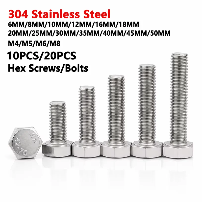 M4 M5 M6 M8 A2-70 304 Stainless Steel Metric Thread DIN 933 304 Stainless Steel Hex Head Bolts Hex Head Screws