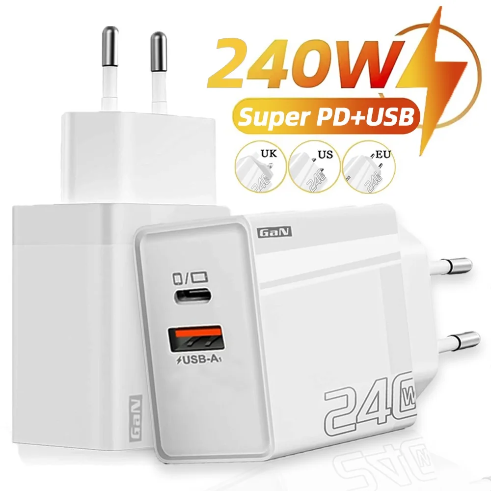 

240W Phone Chargers US EU UK Quick Charging Station USB-A+Super PD Travel Wall Charger for Apple Samsung Xiaomi Huawei Google