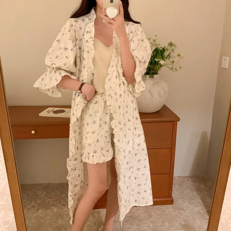 Home Korean Soft Floral Summer Short Sleeve Ruffles Nightgown+ Women Shorts Suit Kawaii Loose Fashionable Print Cute Sleepwear