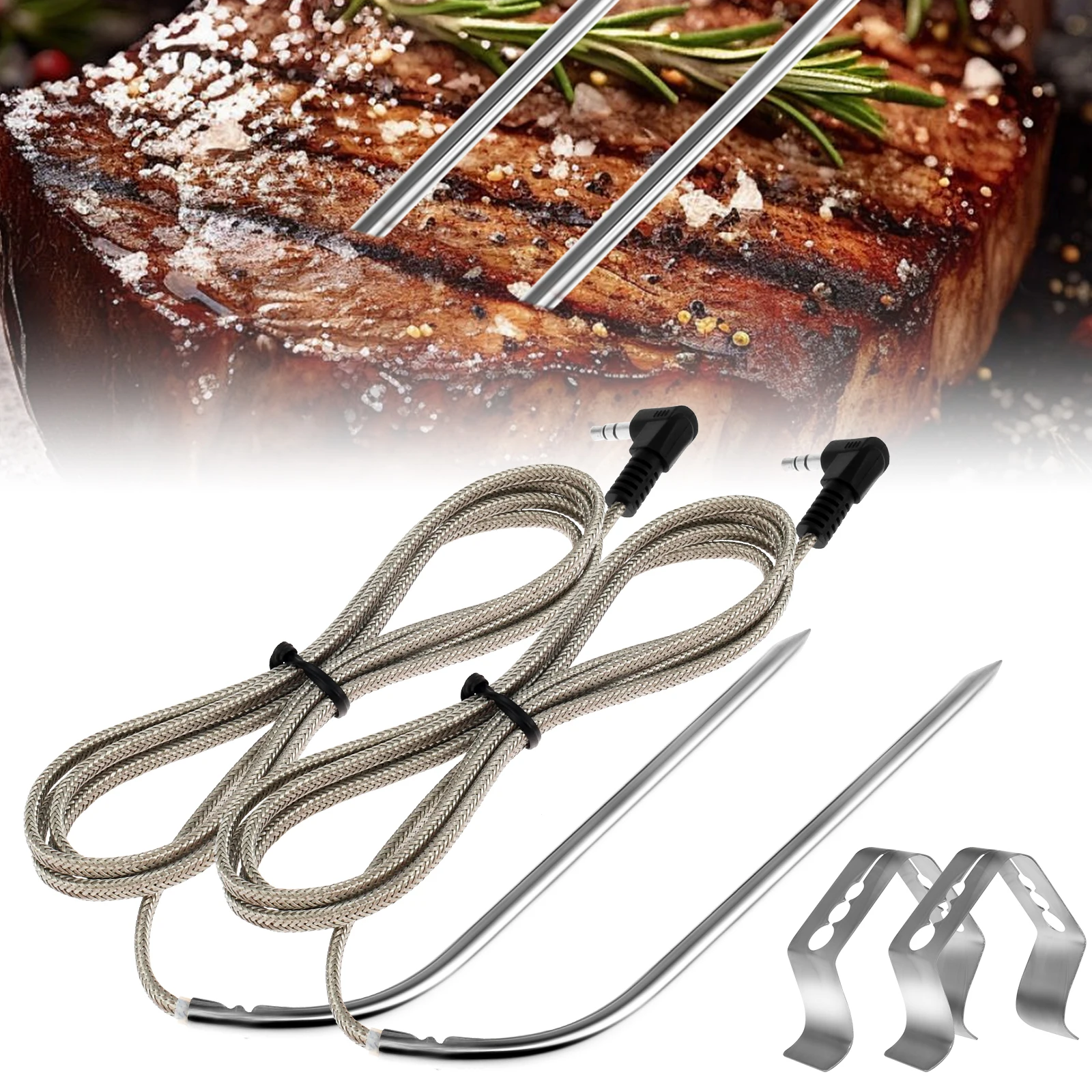 

2Pcs Replacement Meat Probe with Probe Clips Stainless Steel Plug Temperature Probe Precise High Temperature Meat Probe BBQ Tool