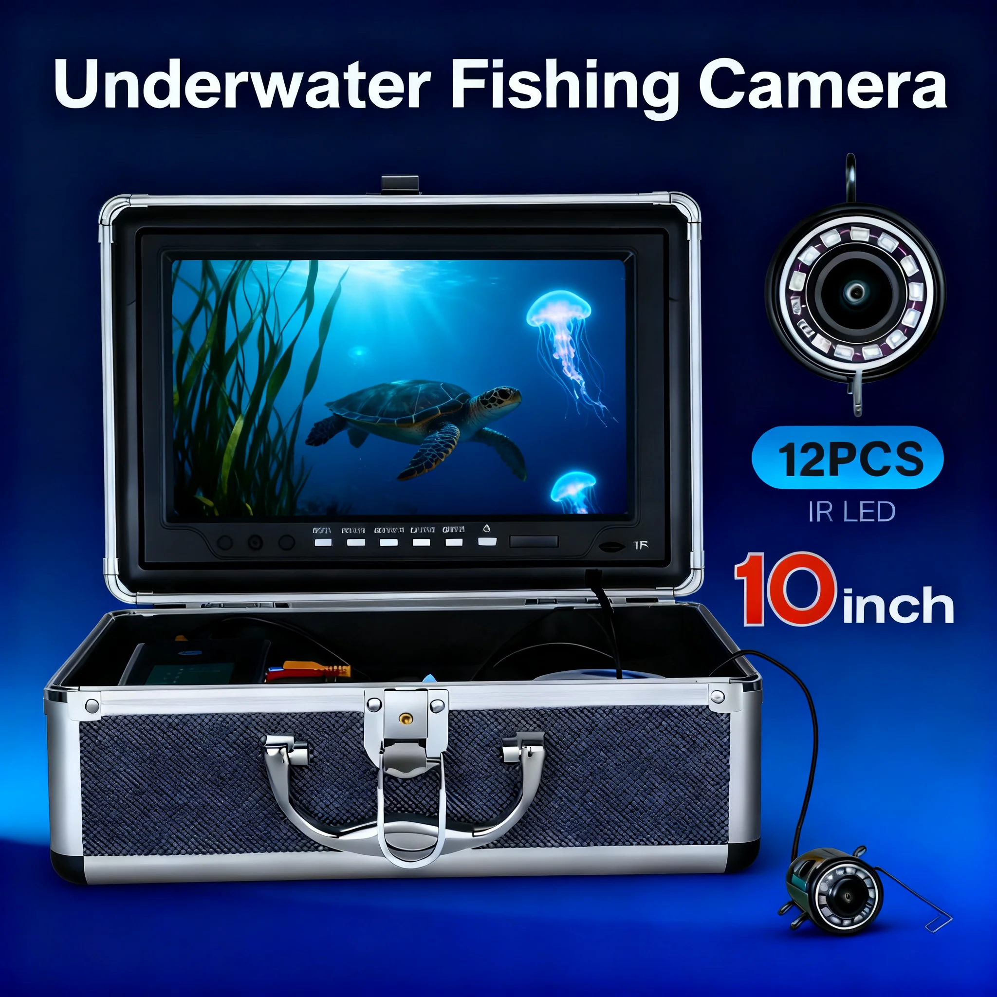 

Underwater Fishing Camera, 10 In LCD Monitor Portable Fish Finder, AHD 1080P, 12pcs infrared lamps,Waterproof IP68 with 4500AH