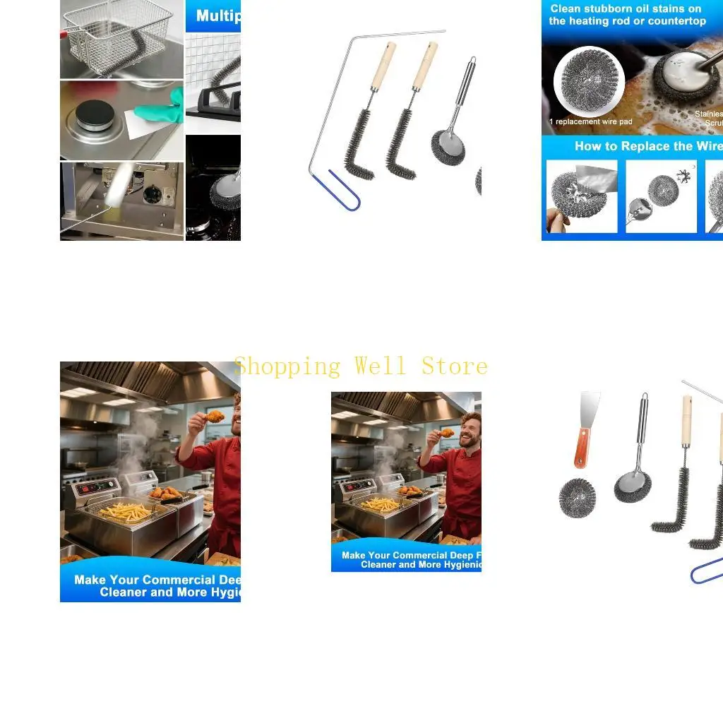 KX4B Oil Cooker Drain Entry and Sidewall Cleaning Set 6 Piece, Commercial Deep Cooker Assortment with L Form Brushes, Scraper
