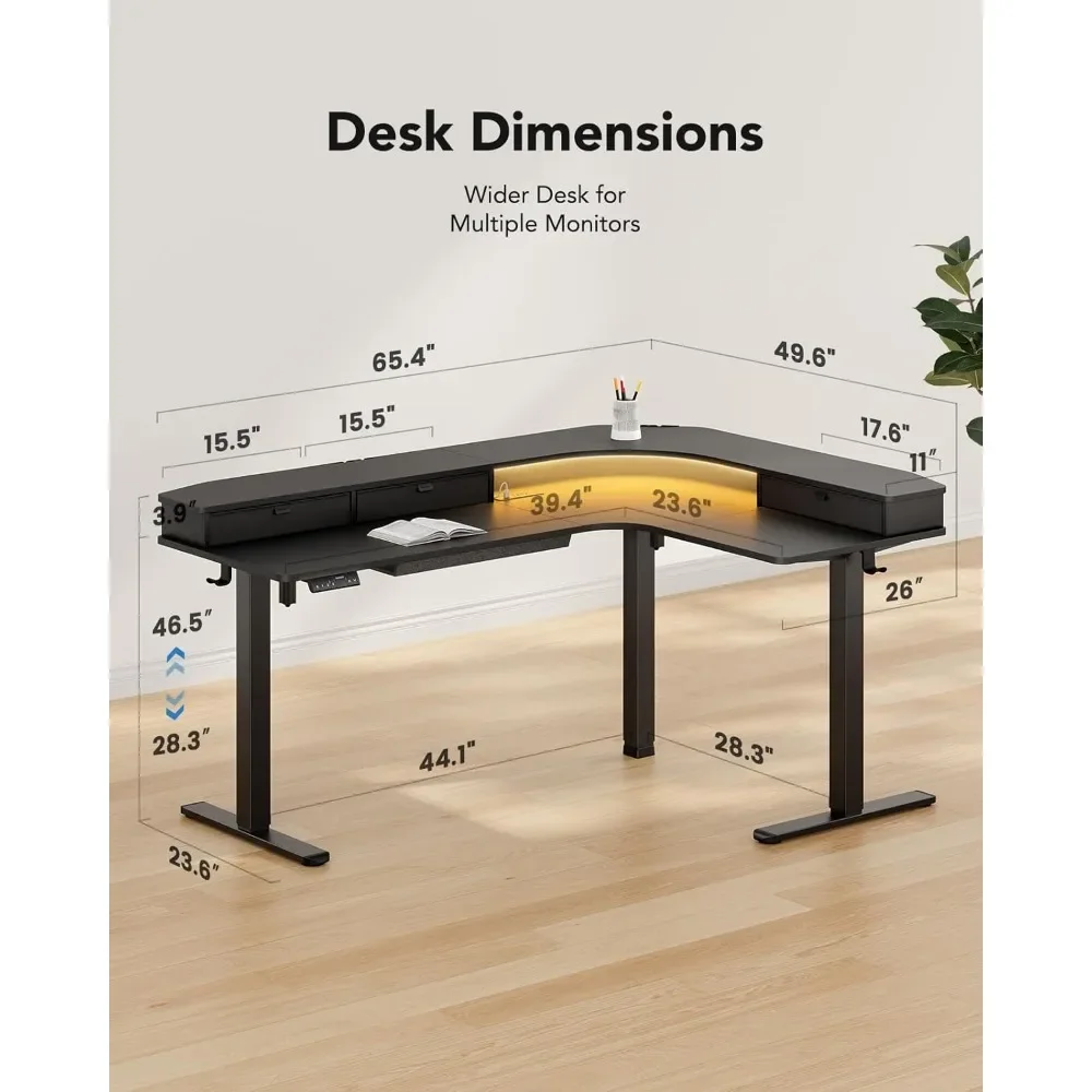 Mesa de pé em forma de L de 65 ′′ com tomadas de energia e faixa de LED, suporte para montagem em braçadeira C, mesa de computador de canto elétrica com altura ajustável