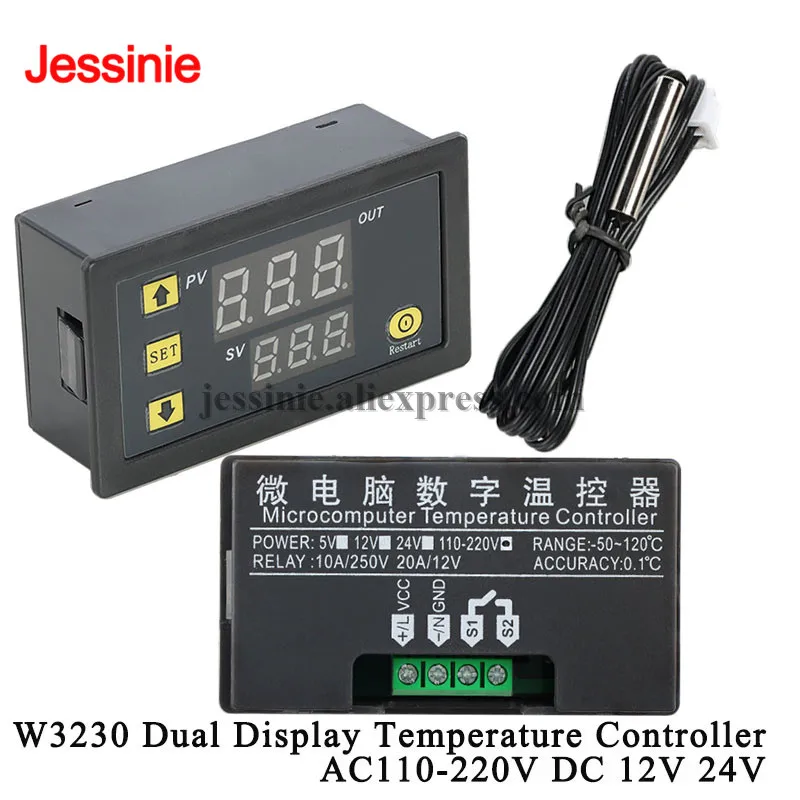 W3230 12V 24V AC 110-220V 20A Digital Temperature Control LED Display Probe line Thermostat With Heat Cooling Control Instrument
