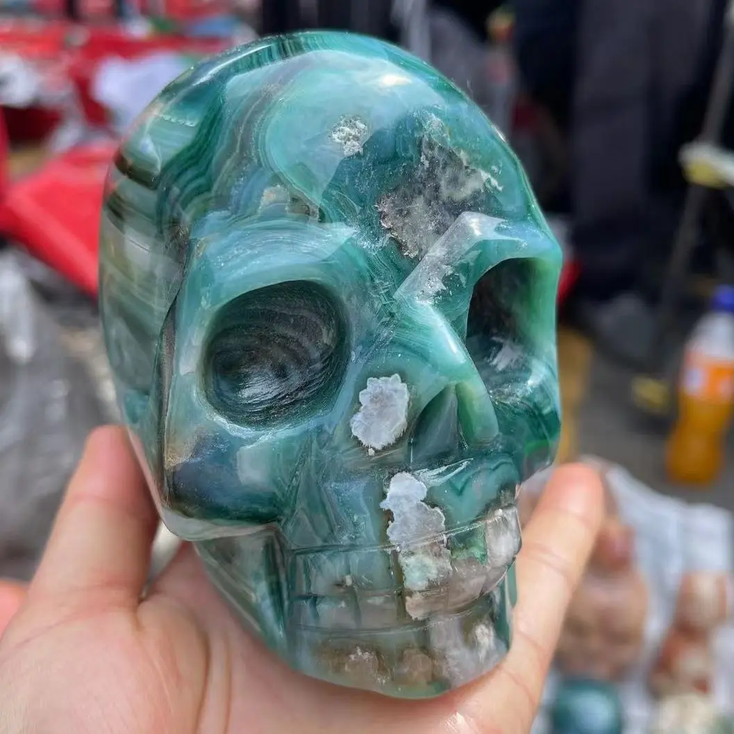 Calavera de ágata verde Natural tallada a mano, artesanía curativa de cristal, decoración del hogar