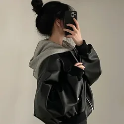 Fashion Hooded Loose Leather Jackets Women Fashion Faux Leather Coats Spring Autumn Korean PU Jackets