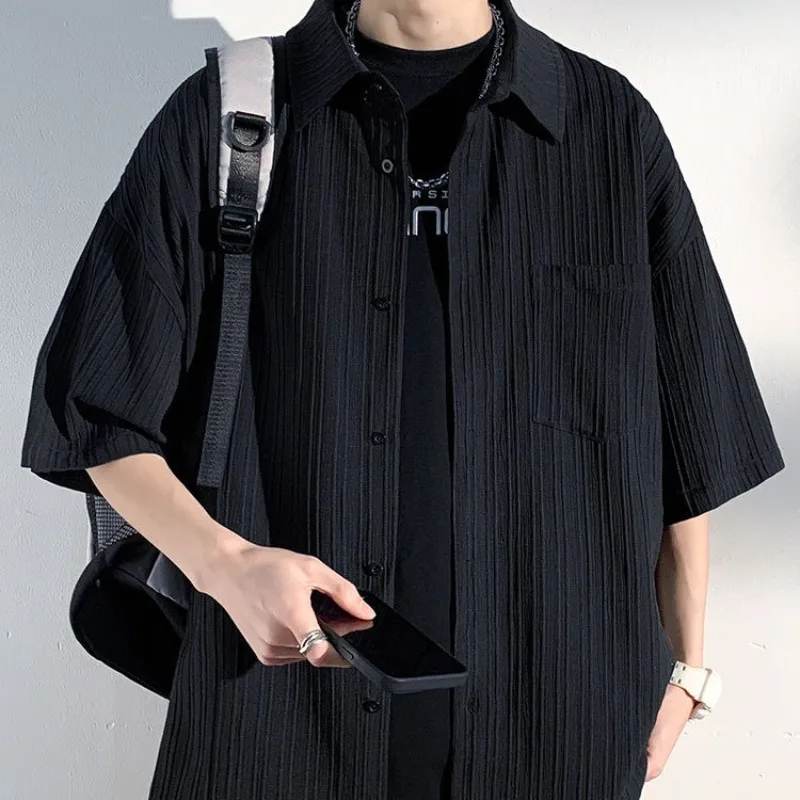 

Half Sleeve Men's Shirt Solid Color Vertical Stripes Comfortable Fabric Button Tops Summer Thin Ice Silk Casual Loose Shirts