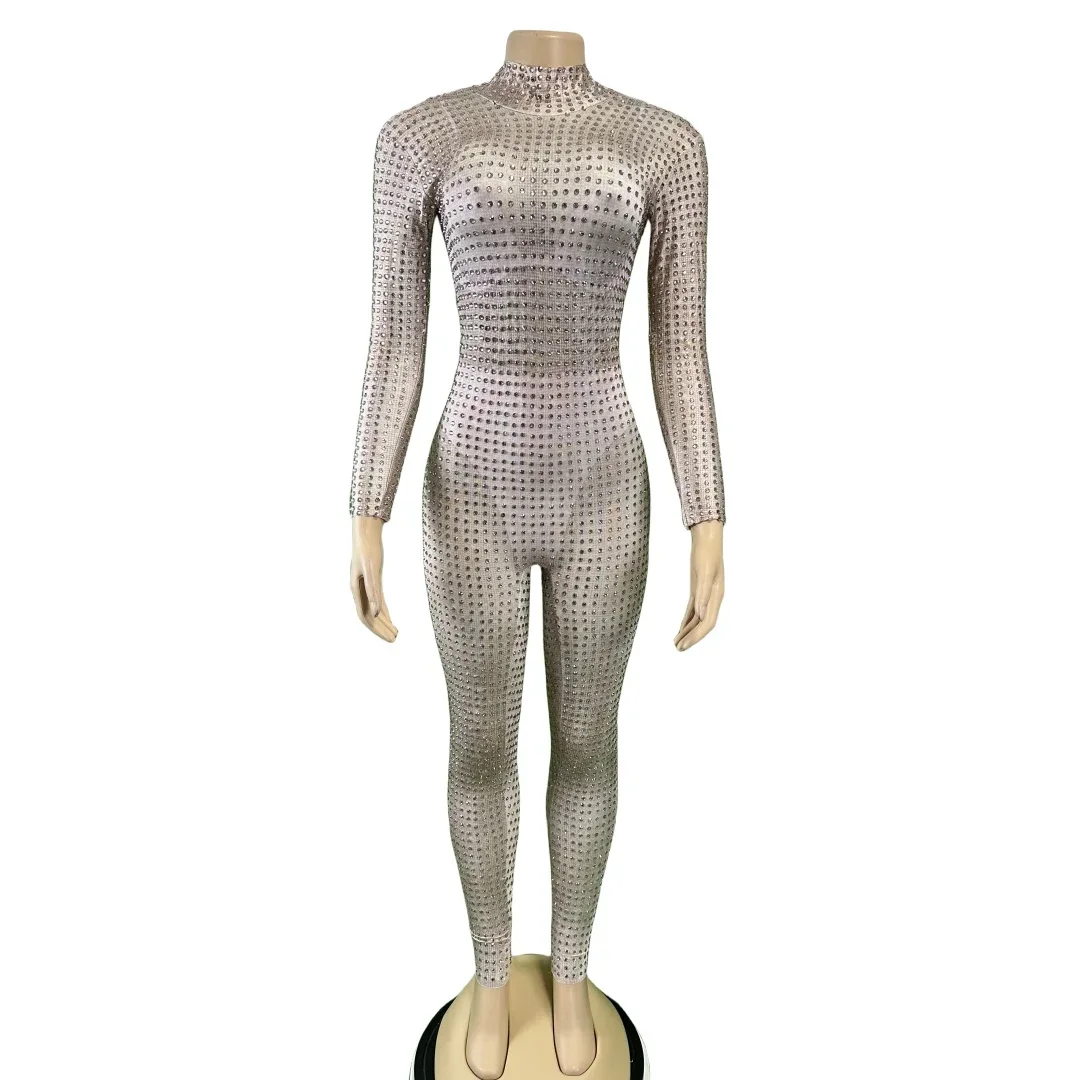 

Spandex Stretch Full Rhinestone Sparkly Jumpsuits For Women Pole DJ DS Nightclub Dance Costume Silver Wear Drag Queen Costume