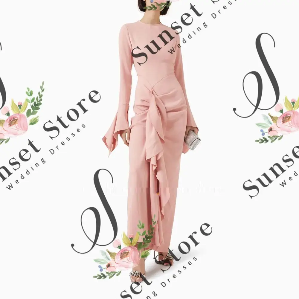 

Customized Ankle-Length Crepe Evening Dress O-Neck Prom Dress Long Sleeve 2025 Ruched Mermaid Party Dress