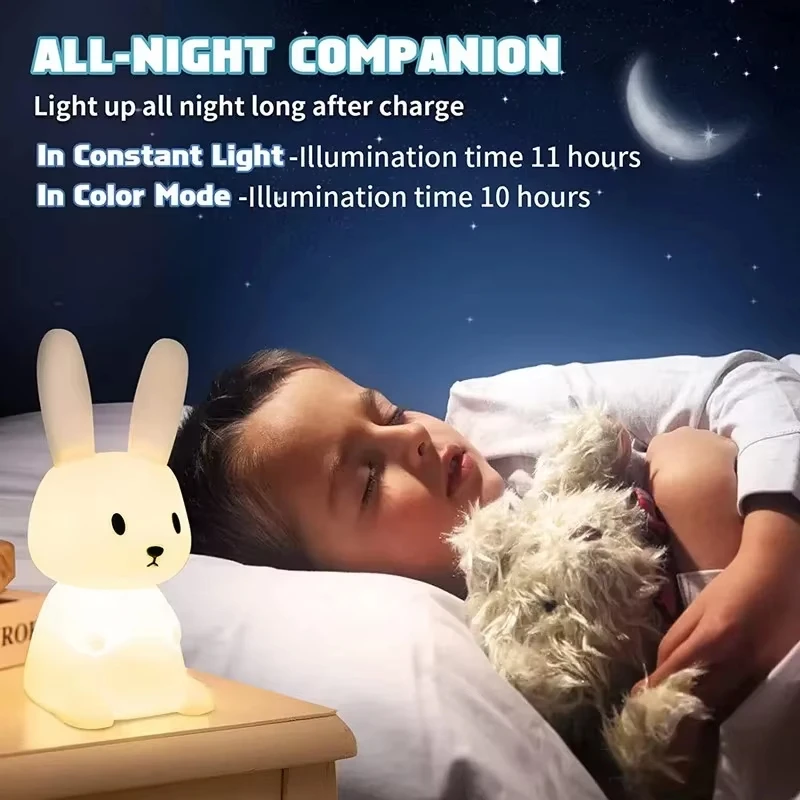 GGbingo Silicone Rabbit LED Night Light with Touch Sensor Cute Animal Table Lamp for Bedroom Decor Gift for Kids Baby Child Home