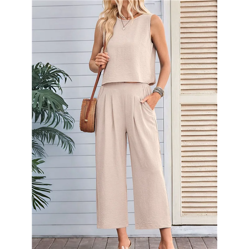 

【SEE】Women's Summer 2 Piece Outfits Sleeveless Round Neck Tank Crop Basic Top Wide Leg Pants Set With Pockets