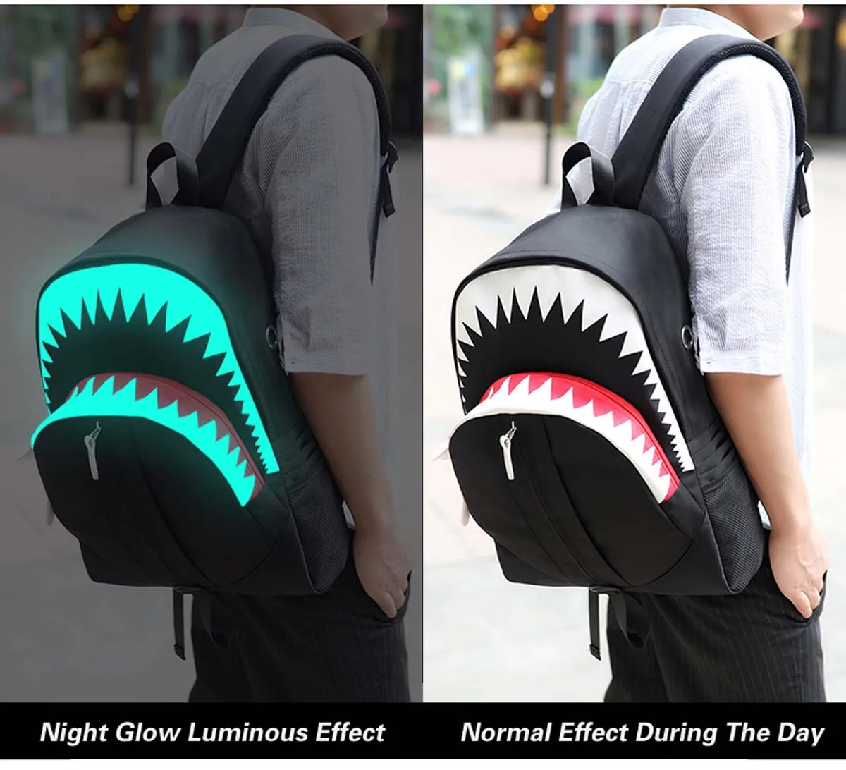 Night Luminous Shark Mouth Pattern Daily Knapsack Teenagers School Bags Large Capacity Travel Bag Causal Men USB Laptop Backpack