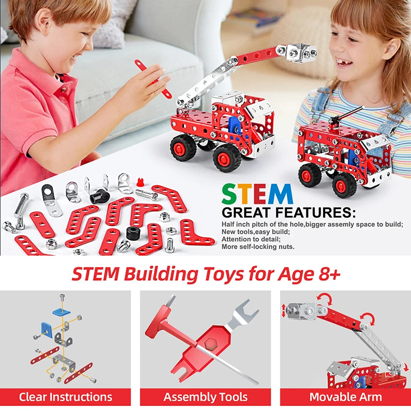 Metal Assembly Building Block Fire Truck Model Crane Excavator Bulldozer Engineering Vehicle Set DIY Screw Nut Alloy Toy for Boy