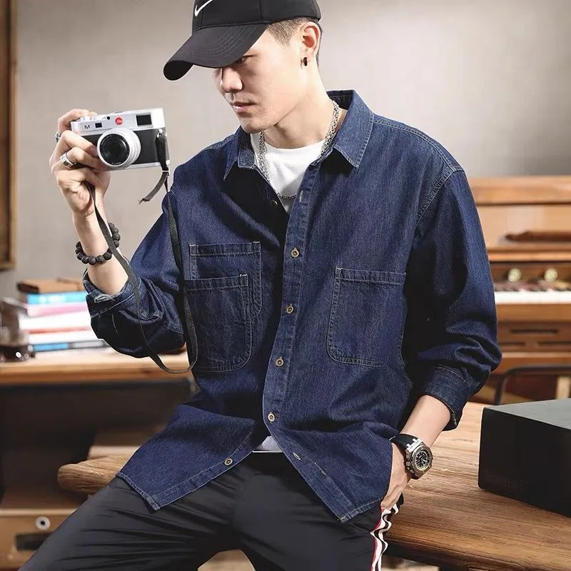 Primavera ruffian bonito denim ferramentas camisa de manga comprida masculina ins na moda versátil casual americano retro camisa jaqueta