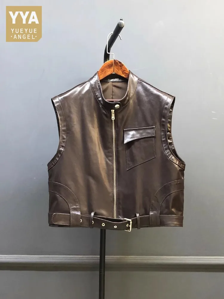 Women Genuine Leather Vests Stand Collar Zipper Punk Motorcycle Sleeveless Jacket Vintage High Street Short Waistcoat Female