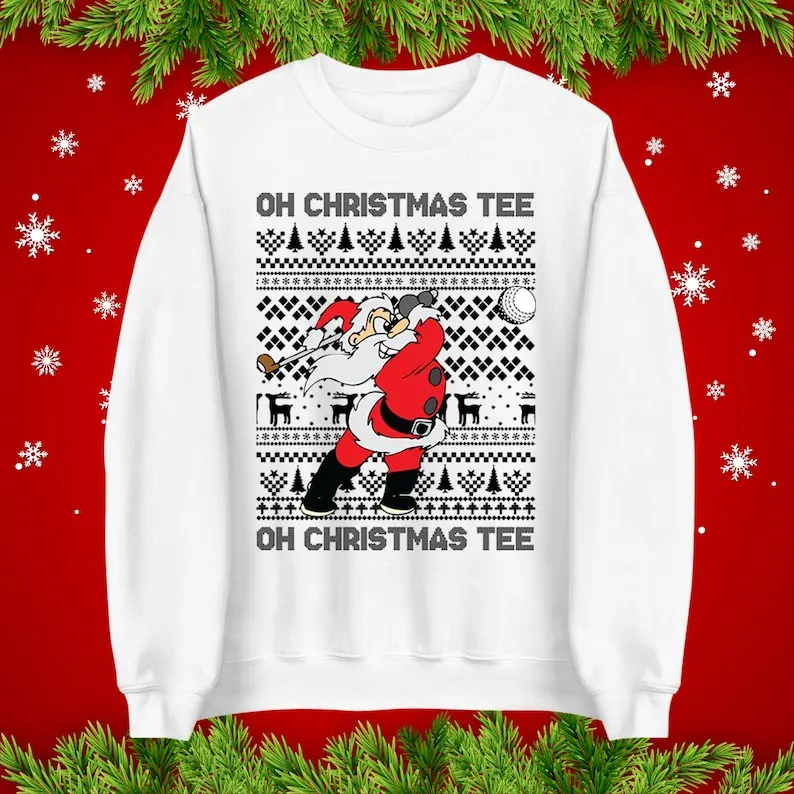 Santa Golf Christmas Jumper Oh Funny Santa Unisex Hoodie Xmas Novelty Pattern Autumn and Winter Long Sleeve Sportswear Pullover