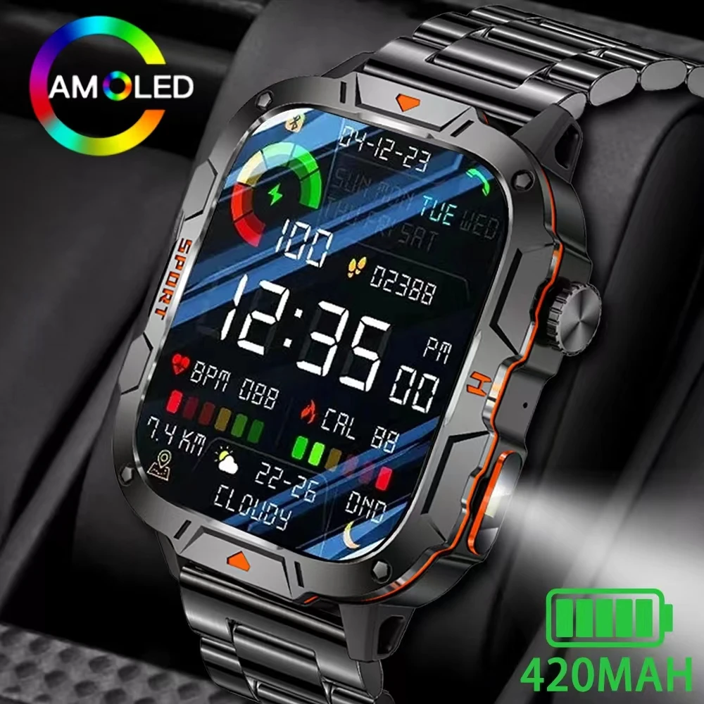 2024 New outdoor military smartwatch with LED flashlight 1.96-inch HD screen, language assistant IP68 waterproof men smartwatch