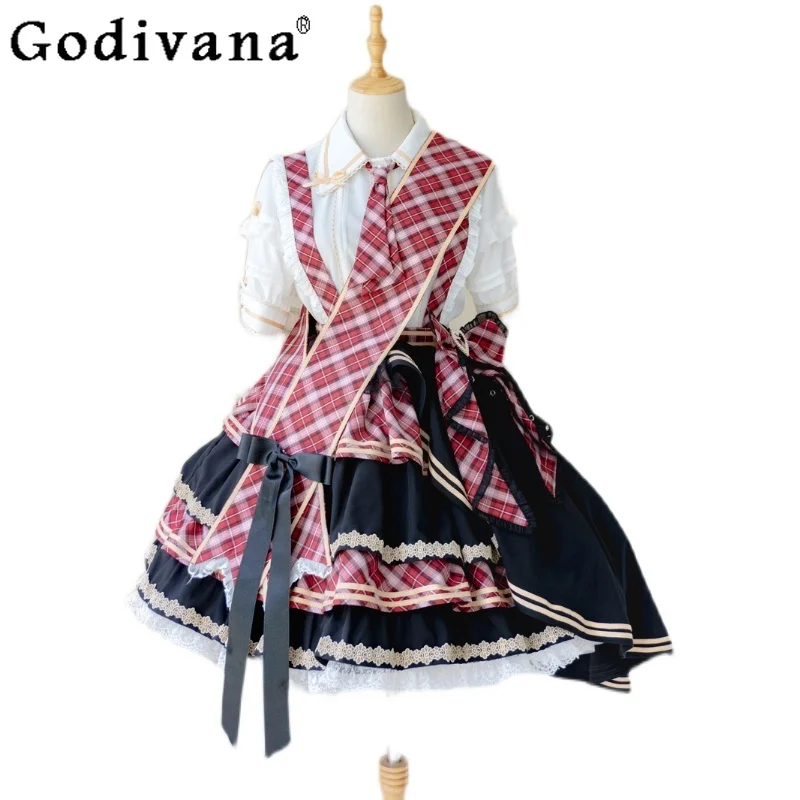 Mulheres verão lolita traje jsk terno camisa de manga curta rendas até gravata costura suspender saia roupas meninas vestido xadrez conjunto