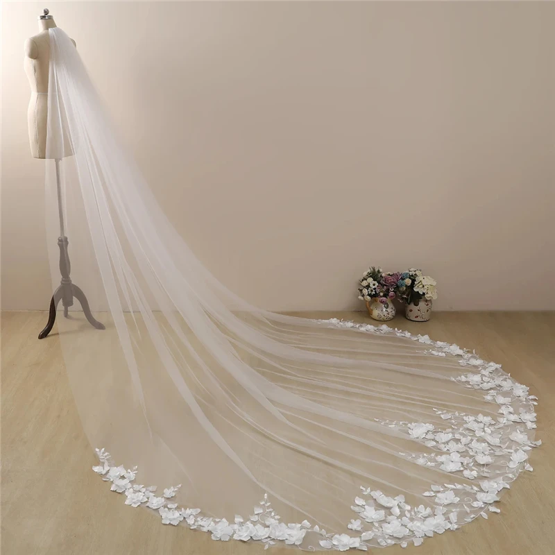 3D Lace Leaves Flowers Floral Bridal Wedding Veils With Comb Accessories For Brides White Ivory Tulle Unique Cathedral Long New