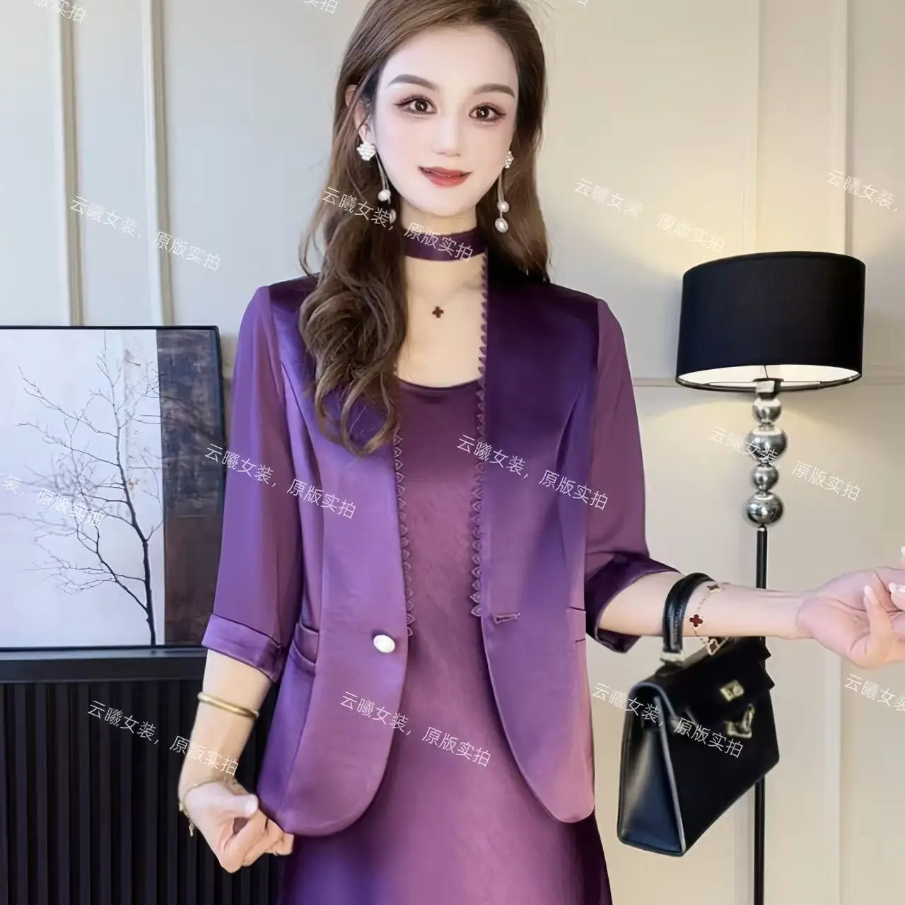 Champagne Gold Lace Suit Summer Light  Breathable Sunscreen Seven-Quarter Sleeve Suit | The Back Of The Sleeves Is Yarn Purple