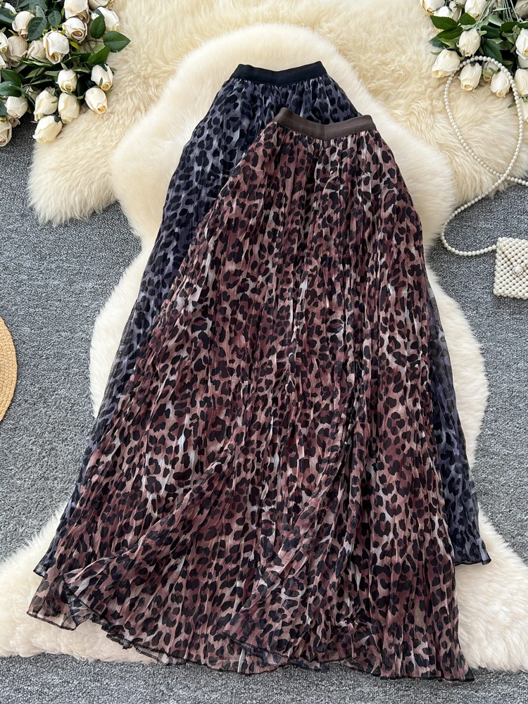 Hoge Taille A-lijn Rok Luipaardprint Me f-lengte Dames Faion Afslanken Drapey Zomer Ci Pendelen Stand Fit