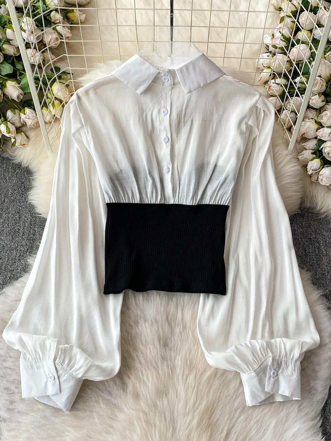 

Korean Sle Faionable Chiffon Collar Knitted Waist ort irt Women's Autumn Elastic Waist Inward ort Top Fake Two-Piece