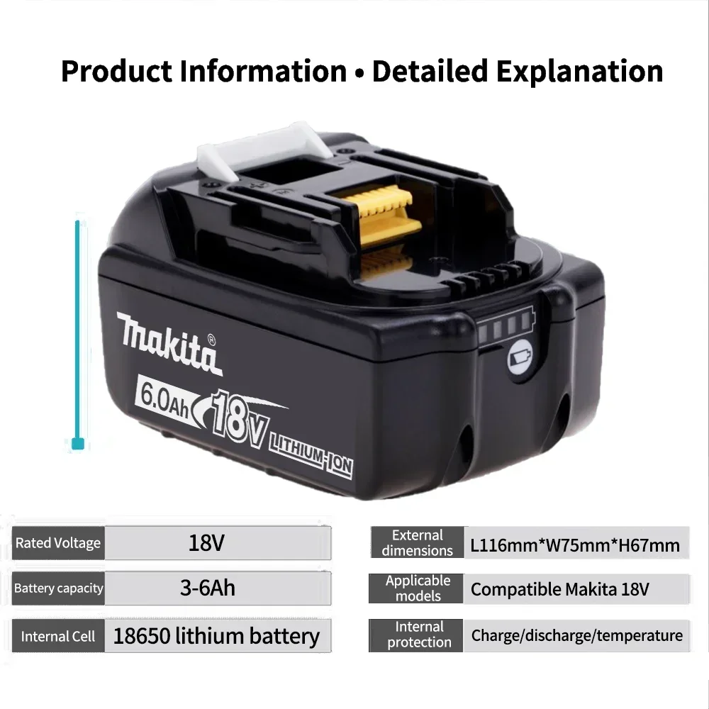 100% Original Makita 6Ah/5Ah/3Ah for Makita 18V Battery BL1830B BL1850B BL1850 BL1840 BL1860 BL1815 Replacement Lithium Battery