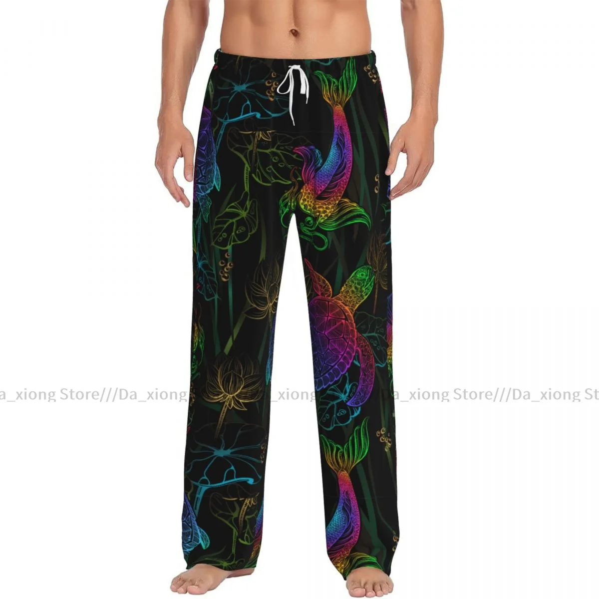 Mens Casual Pajama Long Pant Loose Elastic Waistband Colorful Koi Carps Lotus And Sea Turtle Cozy Sleepwear Home Lounge Pants