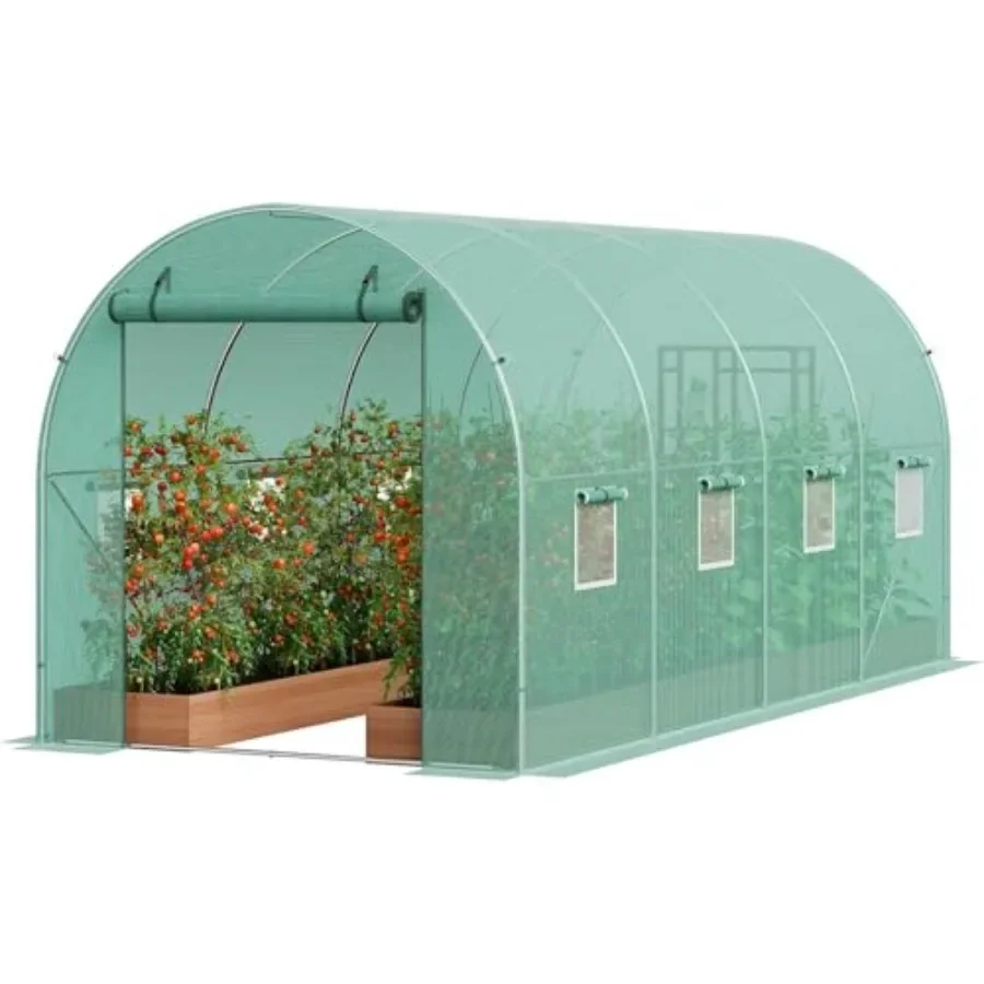 Outdoor gardening greenhouse: galvanized steel frame, green PE cover, 15x6.5x6.5 FT walk-in tunnel hoop house with rolling zipp