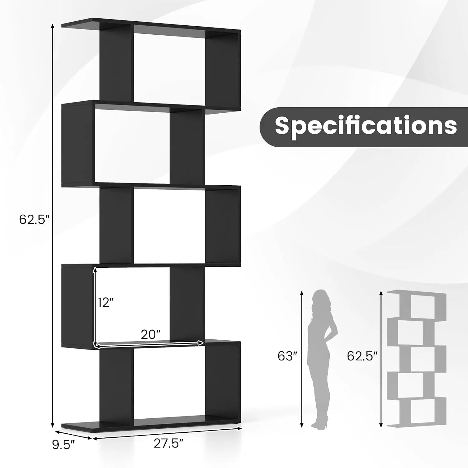 5 Tier Geometric Bookcase S Shaped Wooden Storage Room Divider 62.5